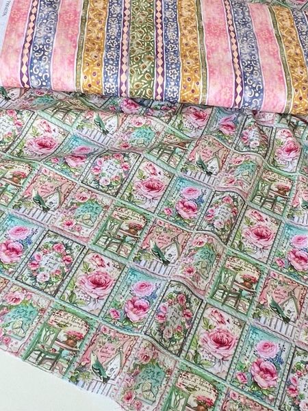 ЛЕТНЕЕ УТРО, купон 20 x 110 cм, 100% хлопок. ЦВЕТЫ, ПТИЦЫ, РОЗОВЫЙ, БИРЮЗОВЫЙ. 4