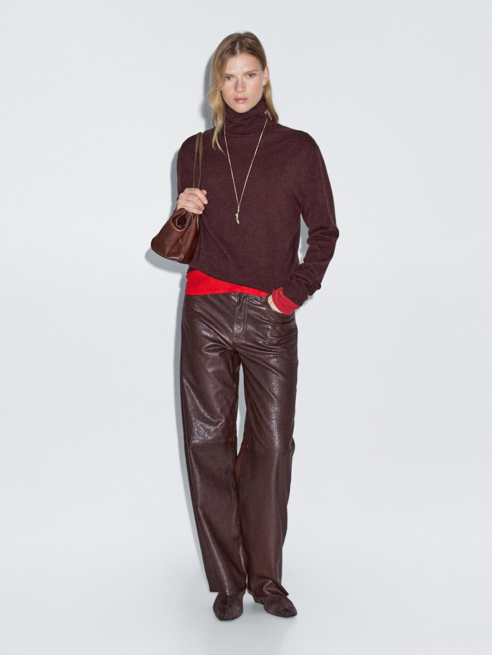 Massimo Dutti Свитер из смесовой шерсти с высоким воротником, гранатовый