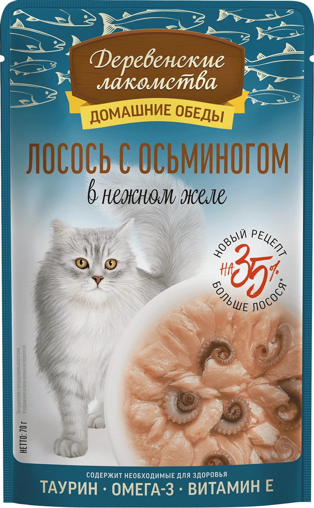 ДЕРЕВЕНСКИЕ ЛАКОМСТВА Пауч для кошек c лососем и осьминогом в нежном желе 0,07 кг