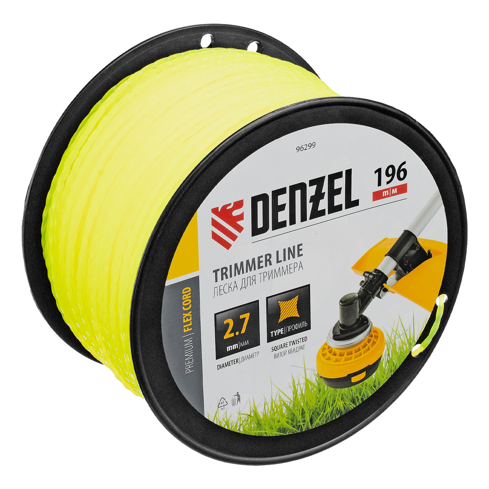 Леска для триммера витой квадрат, 2,7мм х 196м, на DIN катушке FLEX CORD Denzel