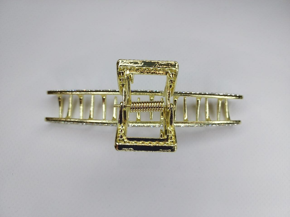 Заколка Краб Блестящий зажим для волос с квадратной дугой со стразами. Металлический. Усиленный.  Цвет золото.