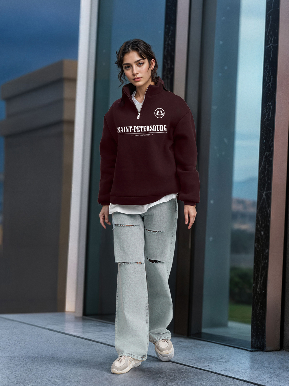 Толстовка женская с зип-воротником "Saint Petersburg" бордо