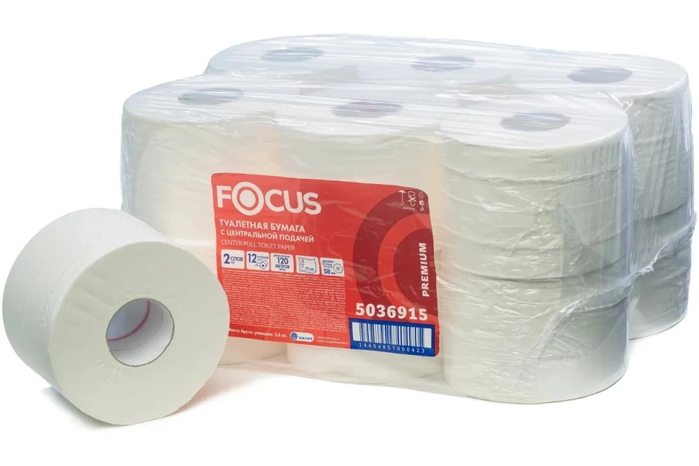 Туалетная бумага Focus Point 2 слоя, 12 рулонов, 120 м, белая, втулка 6 см.