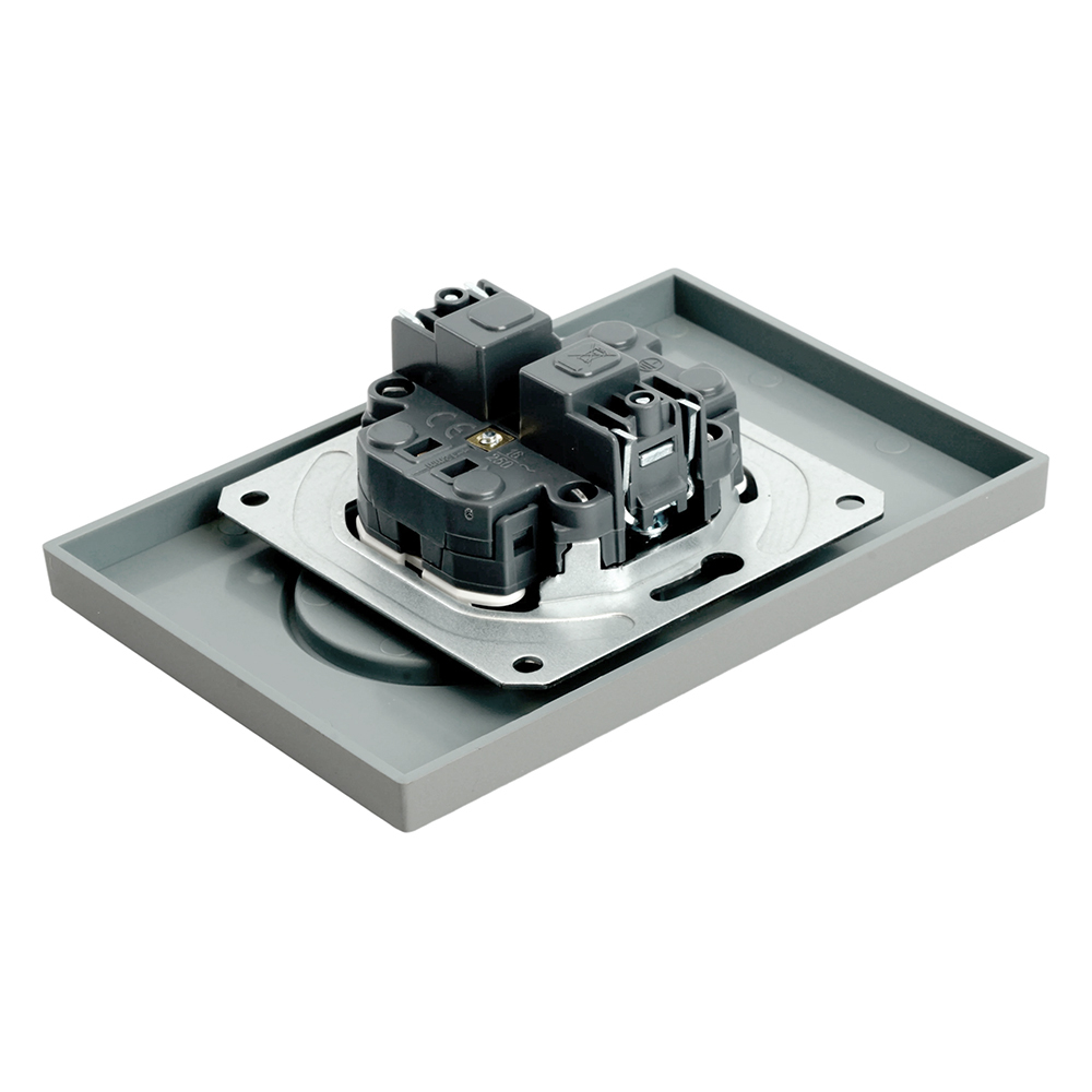 Розетка 2-местная с защитной шторкой, STEKKER, б/з, 250В, 16А, серия Эмили, RST16-5116-10 , платиново-серый, soft touch 49955