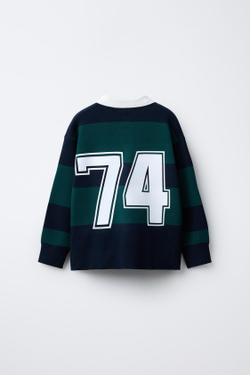 ZARA ТРИКОТАЖНЫЙ СВИТЕР ПОЛО В ПОЛОСКУ В СТИЛЕ ПРЕППИ, ЗЕЛЕНЫЙ