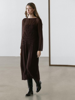 Massimo Dutti Платье миди из струящейся ткани со сборками, коричневый