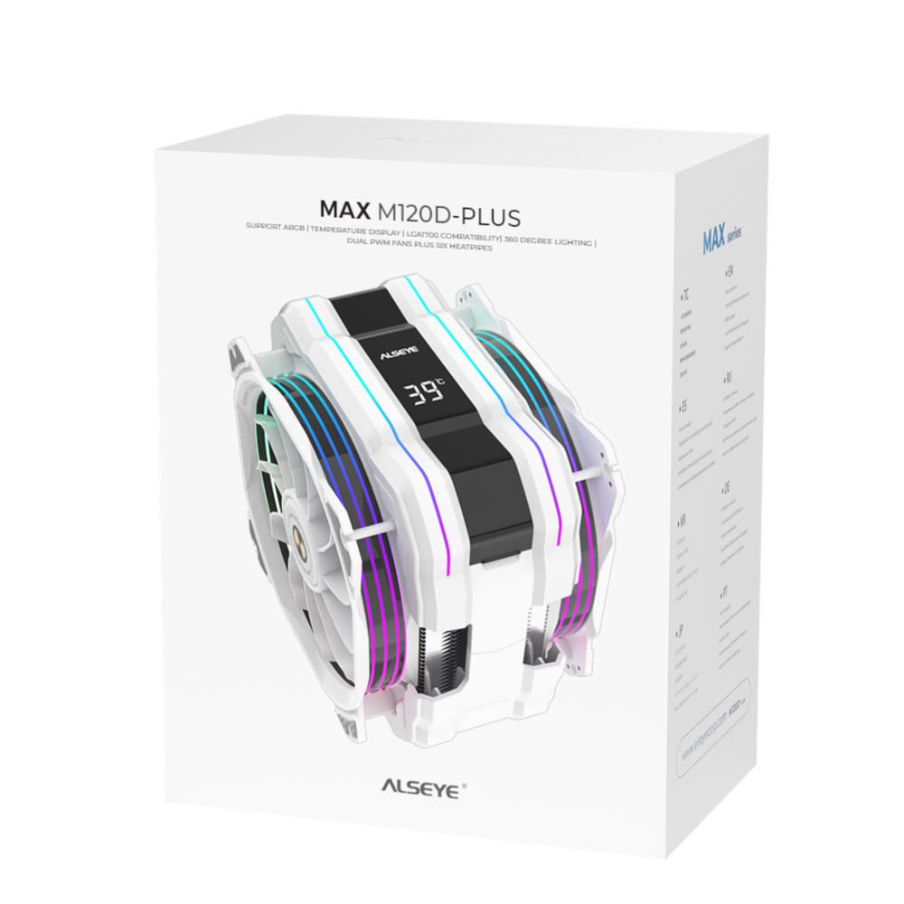 Кулер для CPU Alseye M120D Plus II, 2х120мм, 700-1900rpm, 4-pin, Al+Cu, белый/ARGB, 73.7CFM, 38.2дБ, 6-PIPE(сплошная термоплощадка), TDP 200Вт, LCD-дисплей, INTEL 1700/1200/115x/2011/2066/1366, AMD AM5/AM4, программный мониторинг температуры  (AS.01.01.0043)
