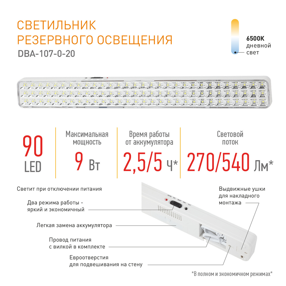 Светильник светодиодный аварийный непостоянный DBA-107-0-2090LED 4ч IP20 ЭРА Б0044404