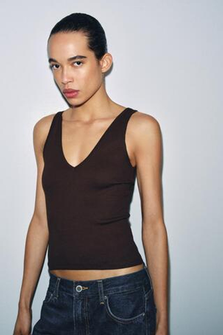 ZARA ТОП В РУБЧИК С V-ОБРАЗНЫМ ВЫРЕЗОМ, КОРИЧНЕВЫЙ