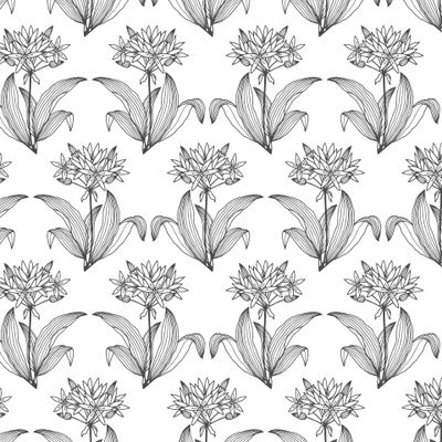 Seamless pattern of flowers and leaves of ramsons, bear onions.