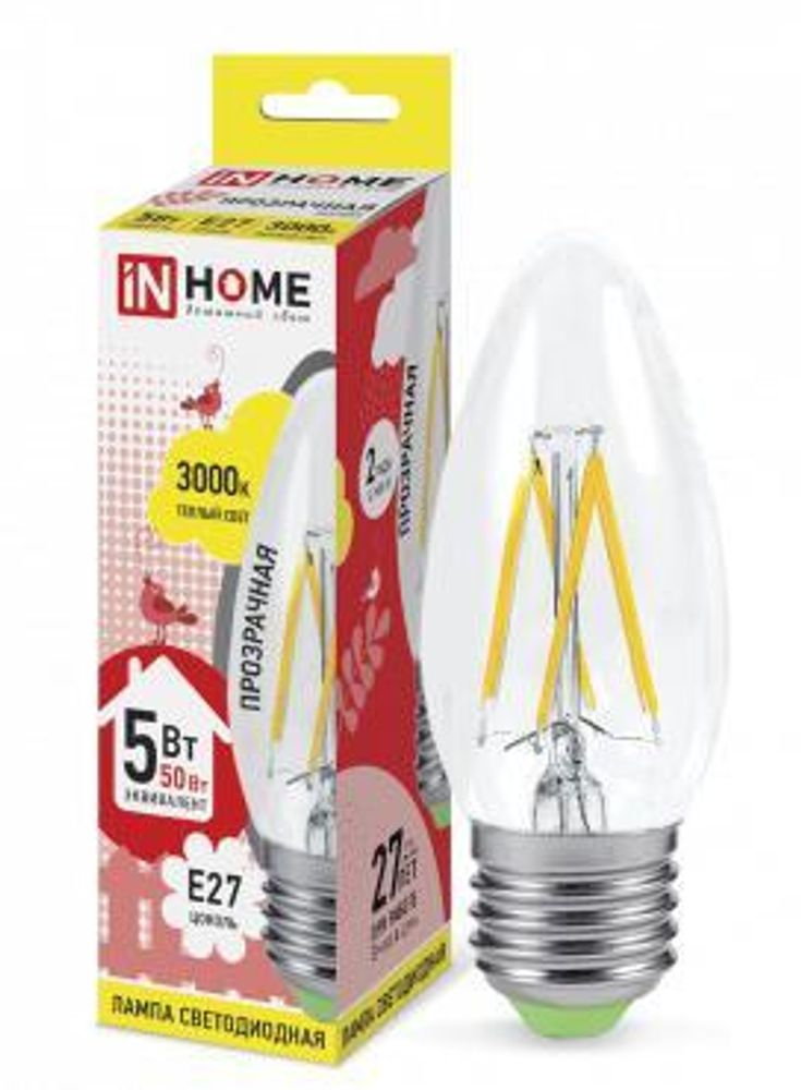Лампа светодиодная LED-СВЕЧА-deco 5Вт свеча прозрачная 3000К тепл. бел. E27 450лм 230В IN HOME 4690612007588