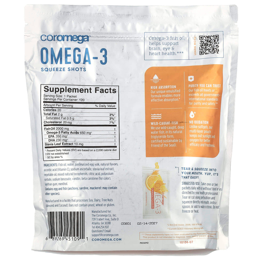 Coromega, Омега-3, Squeeze Shots, апельсин, 650 мг, 120 порционных пакетиков (2,5 г) каждый