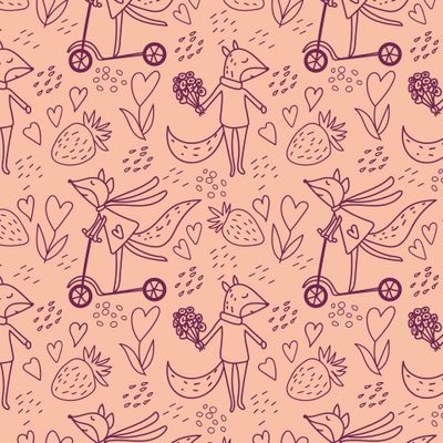 Влюбленные лисички в стиле дудл на розовом фоне