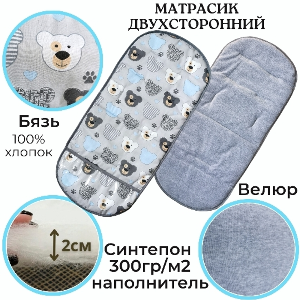 Матрасик в коляску с подножкой из ПВХ пленки серые медведи