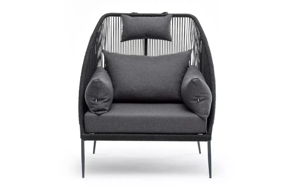 "Мадрид" кресло плетеное из роупа, каркас алюминий темно-серый (RAL7024) муар, роуп темно-серый круглый, ткань темно-серая 027