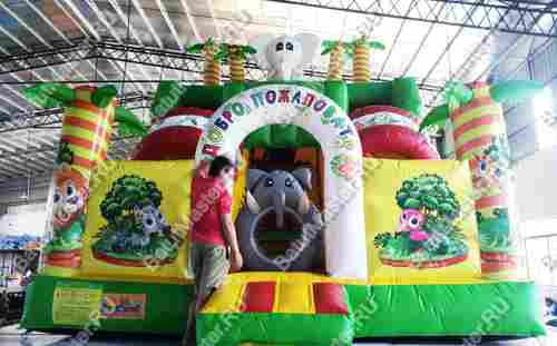 Надувной батут-горка "Слоник в джунглях с двумя горками с прямым скатом", 6*5*5.5 м