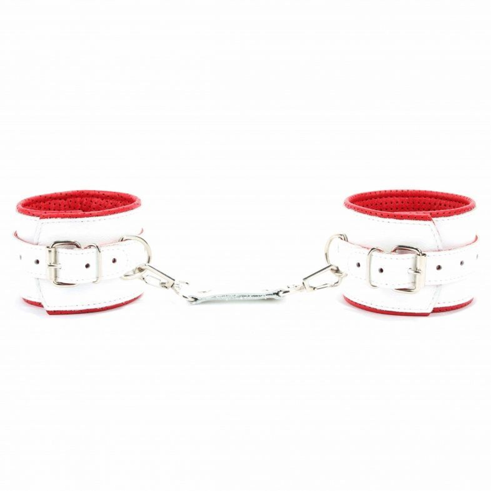 Бело-красные кожаные наручники Медсестричка (Цвет: белый с красным)