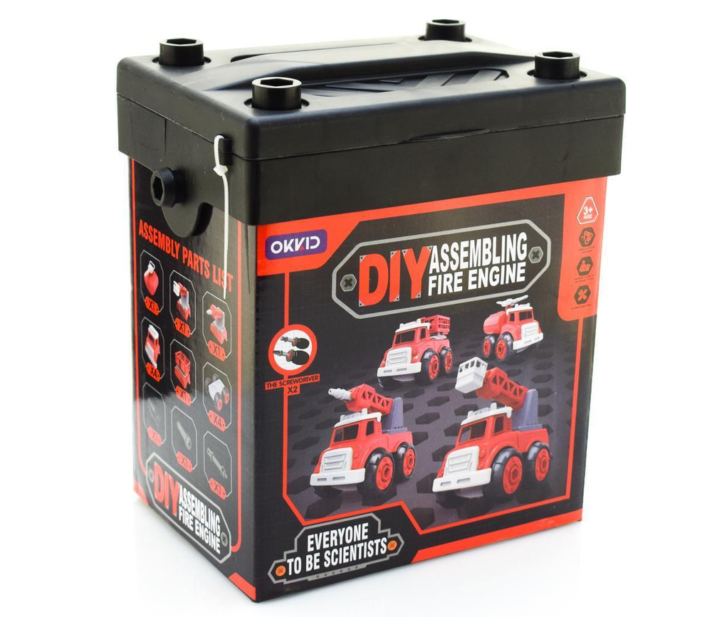 Набор Конструктор пожарных машин с отвёрткой 4шт пластиковая коробка 24,5*19,8*11,5см