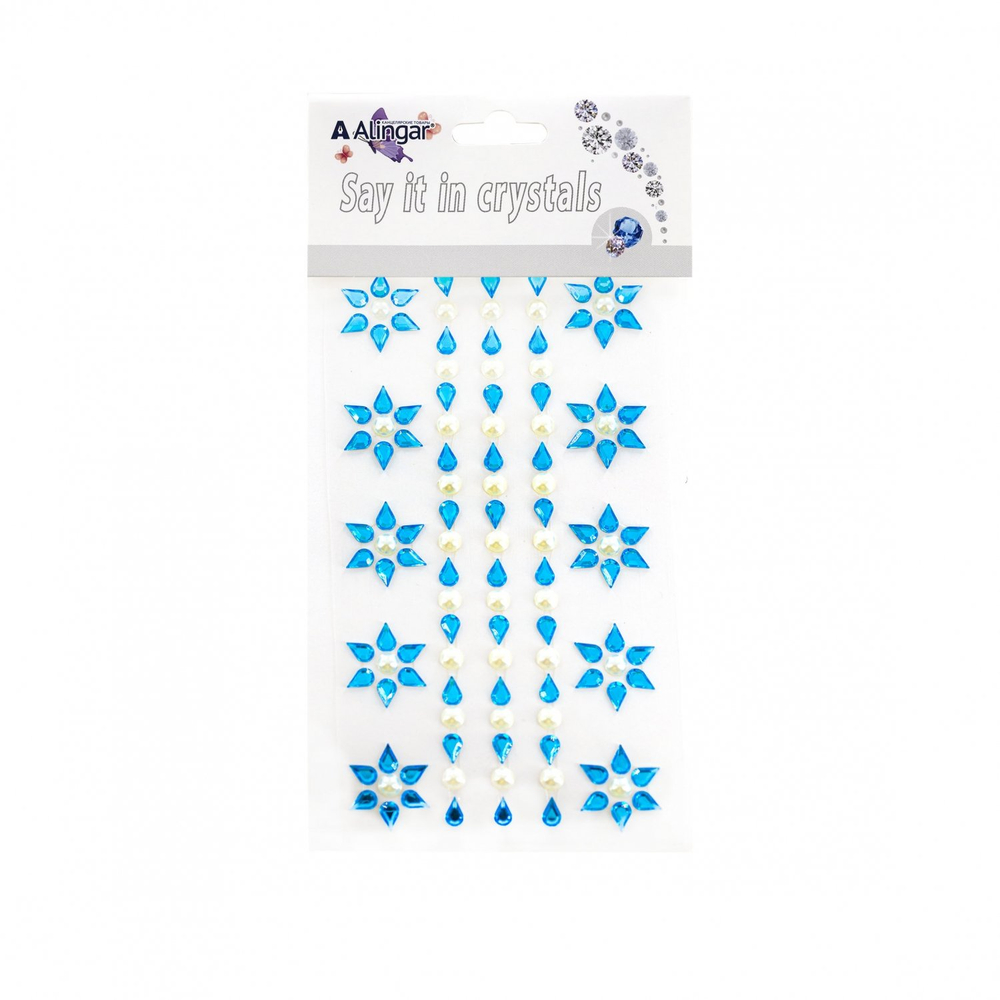 Наклейки-стразы Alingar, акриловые, " Цветочный узор", стразы-капельки (голубые), жемчуженки (белые), пакет с европодвесом