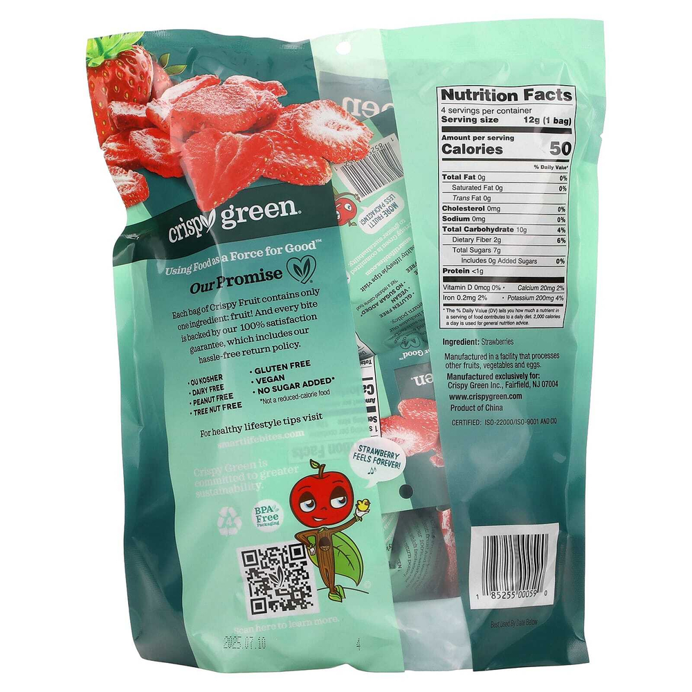 Crispy Green, Crispy Fruit, со вкусом клубники, 4 пакетика по 12 г (0,42 унции)