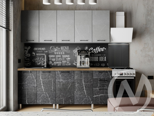 Кухня Мэйбл 2.0м (корпус белый/мрамор лайт; мрамор дарк) 26мм дуб вотан