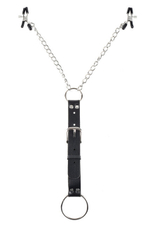 Утяжка для пениса с зажимами на соски Nipple Clams & Cockring Set (Цвет: серебряный с черным)