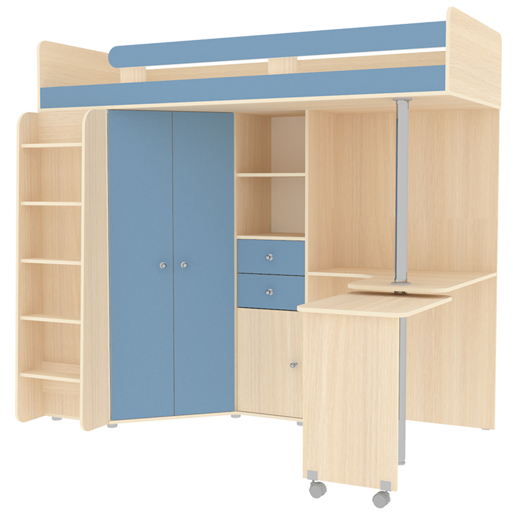 Кровать-чердак КарИВи М85  Дуб Молочный Светло-синий, голубой