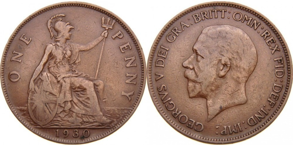 Великобритания 1 пенни, 1928-1936 Король Георг V VF-XF
