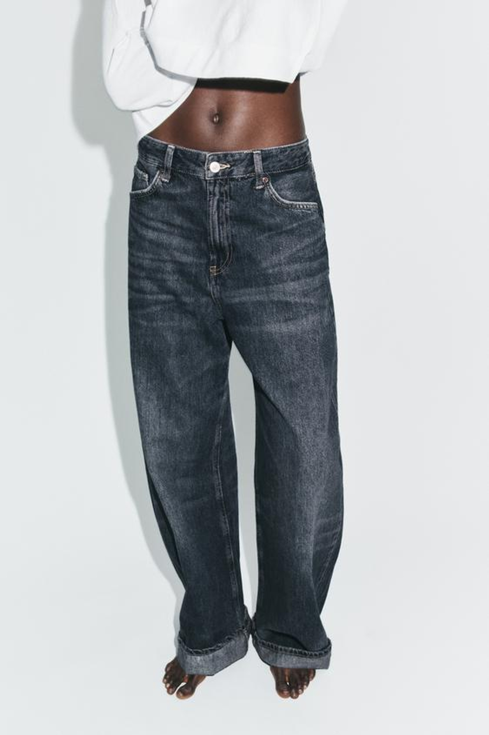 ZARA ДЖИНСЫ TRF BAGGY FOLDED СО СРЕДНЕЙ ПОСАДКОЙ, МОРСКОЙ СИНИЙ