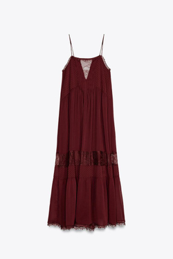 ZARA ПЛАТЬЕ МИДИ С КОНТРАСТНЫМ КРУЖЕВОМ, ЦВЕТ БУРГУНДСКОГО ВИНА