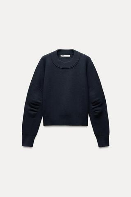 ZARA ТРИКОТАЖНЫЙ СВИТЕР СО СКЛАДКАМИ НА РУКАВАХ, МОРСКОЙ СИНИЙ