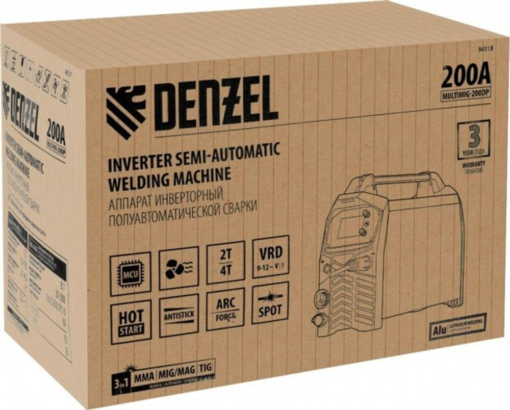 Сварочный полуавтомат Denzel MultiMIG-200DP Synergy Double Pulse 94313