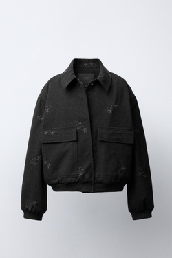 ZARA БОМБЕР С ВЫШИВКОЙ «ЦВЕТЫ», ТЕМНЫЙ АНТРАЦИТ