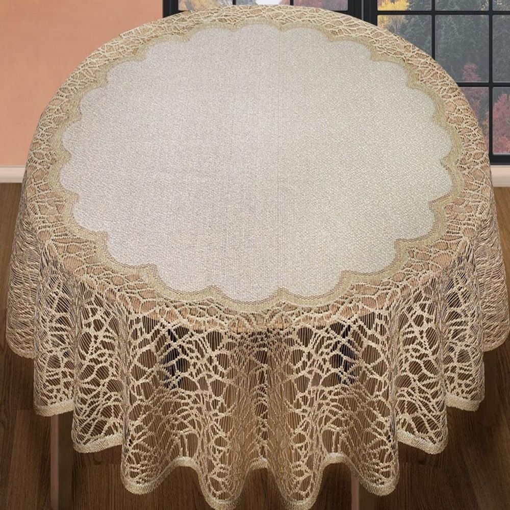 Скатерть жаккардовая круглая, цвет кремово-золотистый, Польша. Скатерть жаккардовая круглая, цвет кремово-золотистый, Польша.