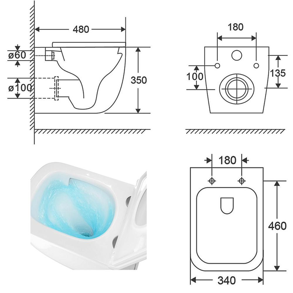 Унитаз подвесной Azario FOTE 340х480х350 безободковый, слив "Скрытое Торнадо", с быстросъемным сиденьем микролифт (AZ-116-UQ3)