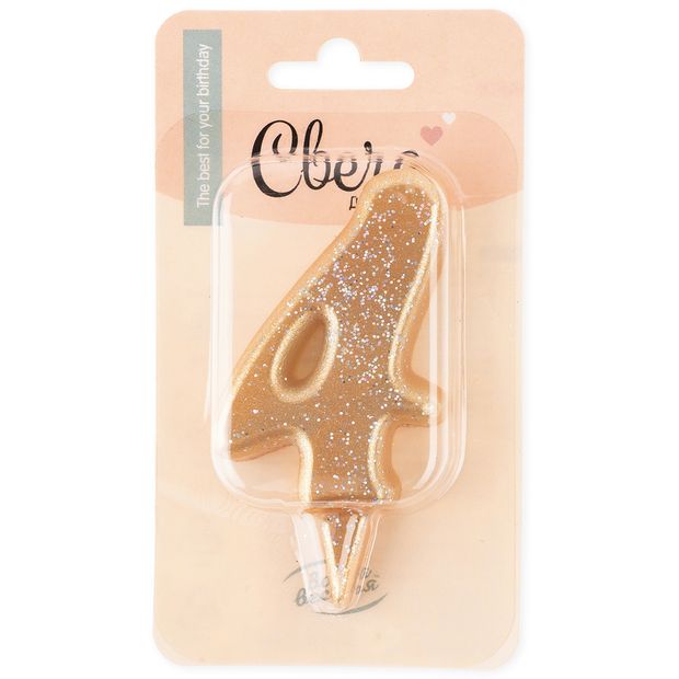 Свеча Цифра, 4 Овал, Золото, с блестками, 7 см, 1 шт.