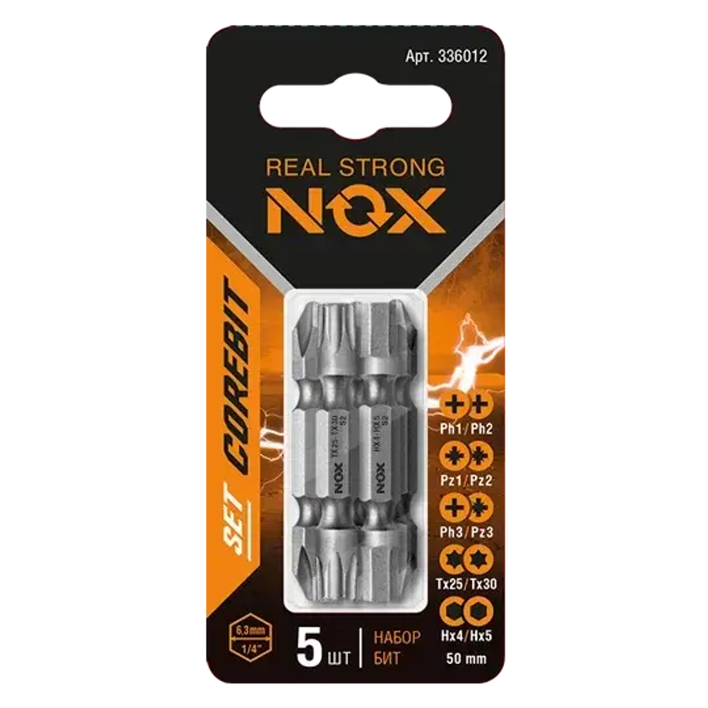 Набор бит двухсторон.PZ1хPZ2,PH3хPZ3,T25хT30,HEX4хHEX5х50мм,5шт карта NOX COREBIT SET5  336012