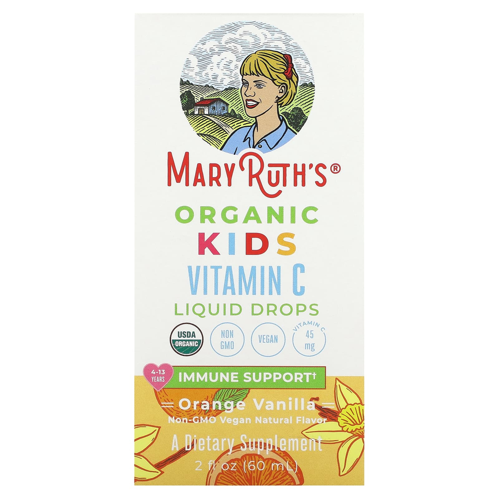 MaryRuth's, Organic Kids Vitamin C, жидкие капли, для детей от 4 до 13 лет, с апельсином и ванилью, 45 мг, 60 мл (2 жидк. Унции)