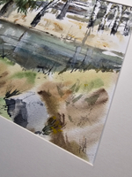 Картина авторская акварельная в паспарту 30х40 см на стену для интерьера "На берегу пруда в Тованово"