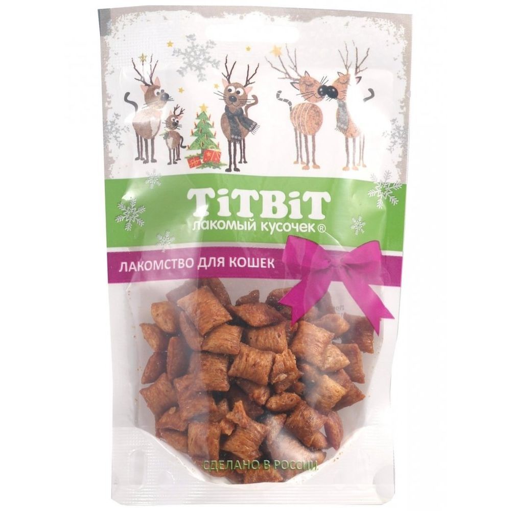 Лакомство для кошек TitBit Новогодняя коллекция Хрустящие подушечки с паштетом из лосося, пакет 50 г Лакомство для кошек TitBit Новогодняя коллекция Хрустящие подушечки с паштетом из лосося, пакет 50 г