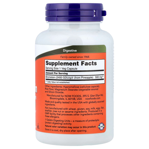 NOW Foods, бромелаин, 500 мг (2400 GDU/г), 120 растительных капсул