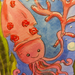 Картина акварельная авторская в паспарту 15х20 см на стену для интерьера "Кальмар"