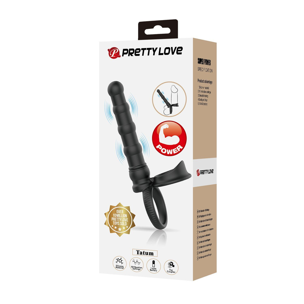 Черная насадка на член для двойного проникновения Tatum с вибрацией (Цвет: черный)
