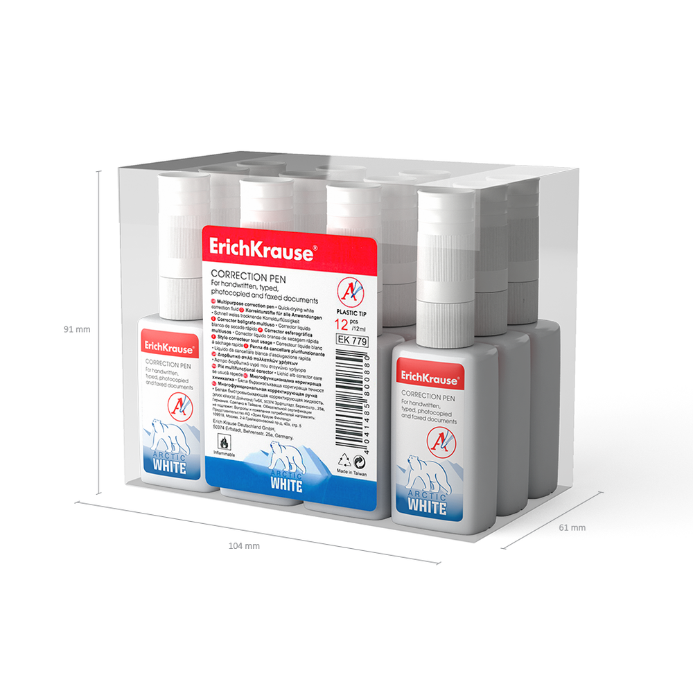 Корректор-ручка Erich Krause, 12 мл, пластиковый. наконечник, уп. 12 шт, "Arctic white"