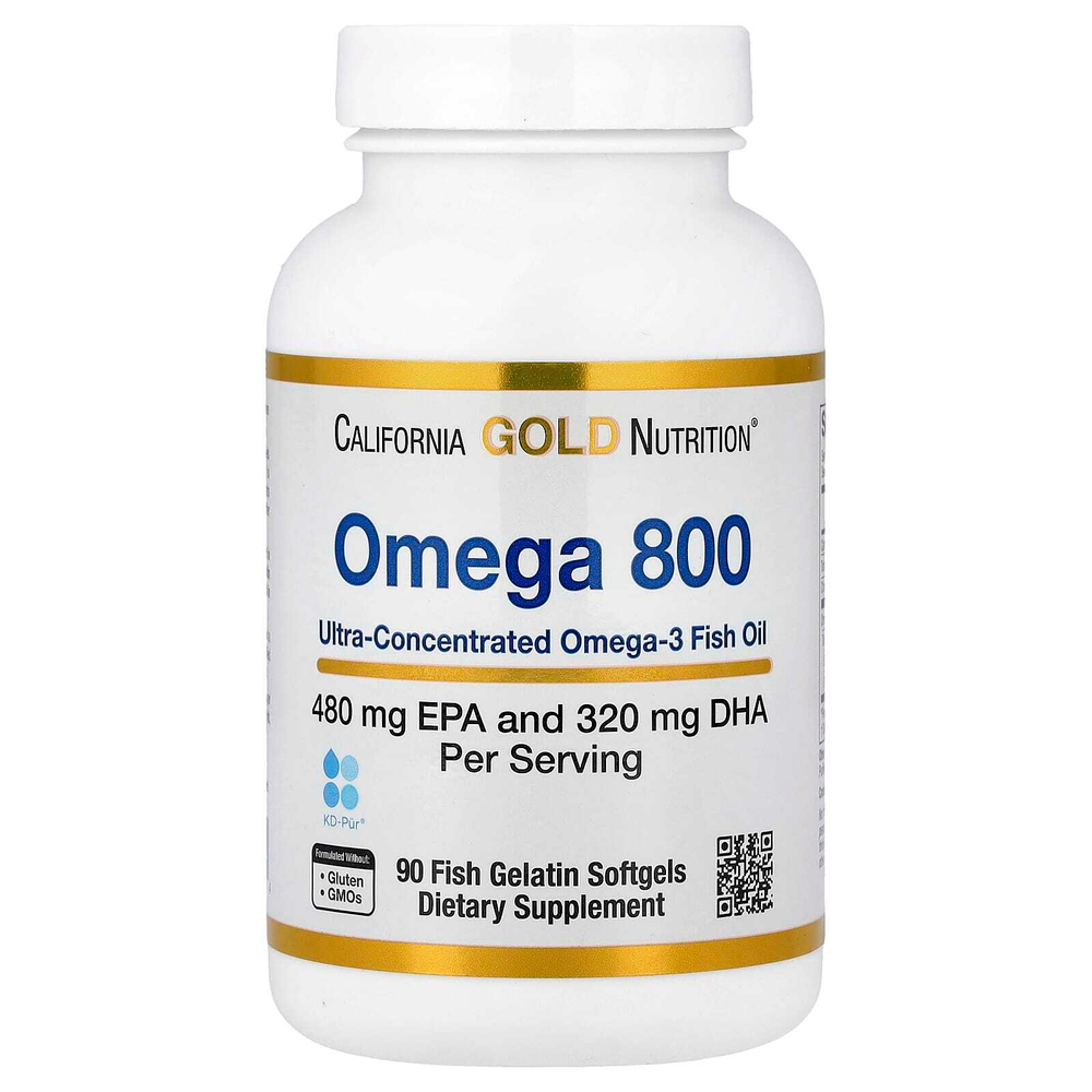 California Gold Nutrition, Omega 800, ультраконцентрированный рыбий жир с омега-3, в форме триглицеридов KD-Pur, 90 капсул из рыбьего желатина (1000 мг в 1 капсуле)