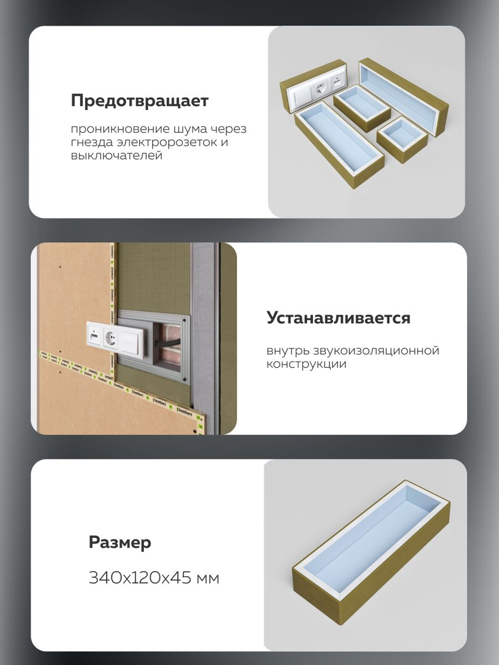 Звукоизоляционный подрозетник 4-секционный SoundGuard M-BOX 4 (340х120х45мм) (ИзоБокс 4М)