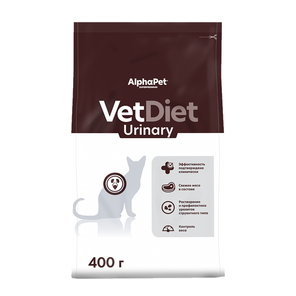 Сухой диетический корм AlphaPet VetDiet URINARY для взрослых кошек и котов при заболеваниях нижних отделов мочевыводящих путей
