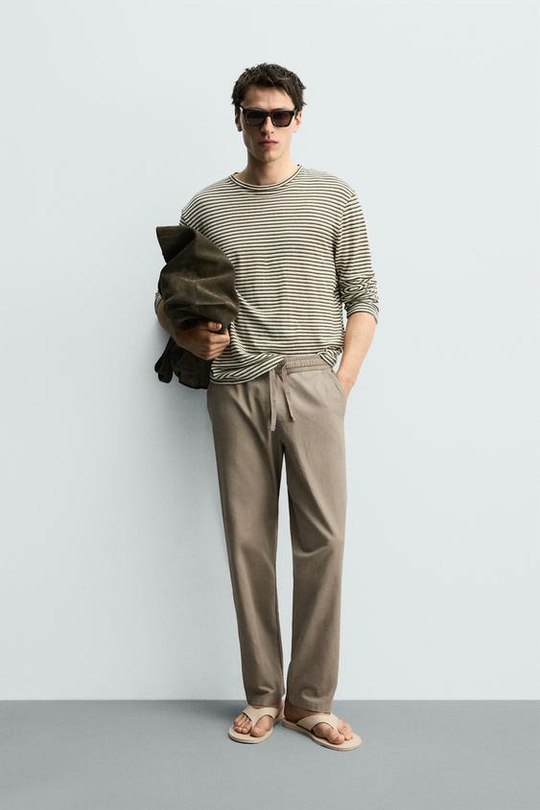 ZARA БРЮКИ RELAXED FIT ИЗ СМЕСИ ХЛОПКА, ЗЕЛЕНЫЙ