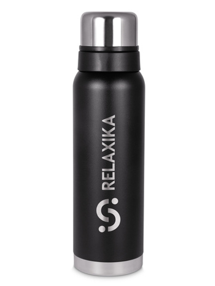 Термос Relaxika 103 (1 литр), черный (стикерпак "Зимний спорт")