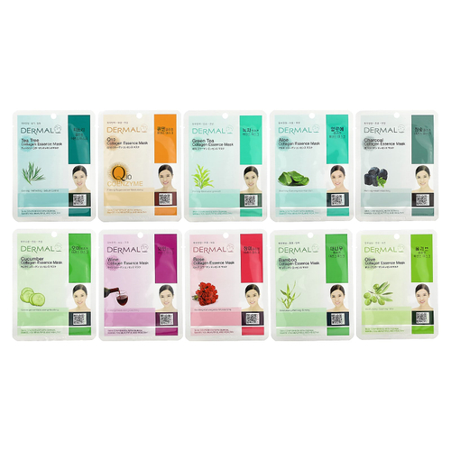 Dermal, Collagen Essence, маски с коллагеном, успокаивающие, ассорти, 10 шт. по 23 г (0,81 унции)